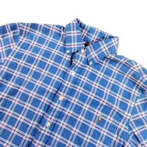 Ralph Lauren Men M Slim Fit Short Sleeve Button Down Plaid Blue Pink Flesh Pony